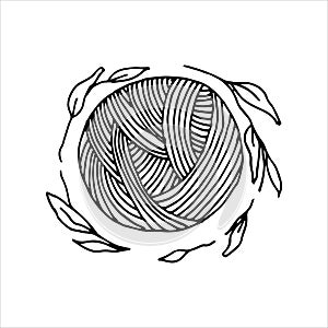 Vector illustration in doodle style. a ball of wool and a wreath of leaves. simple logo, icon with a ball of wool for knitting, cr